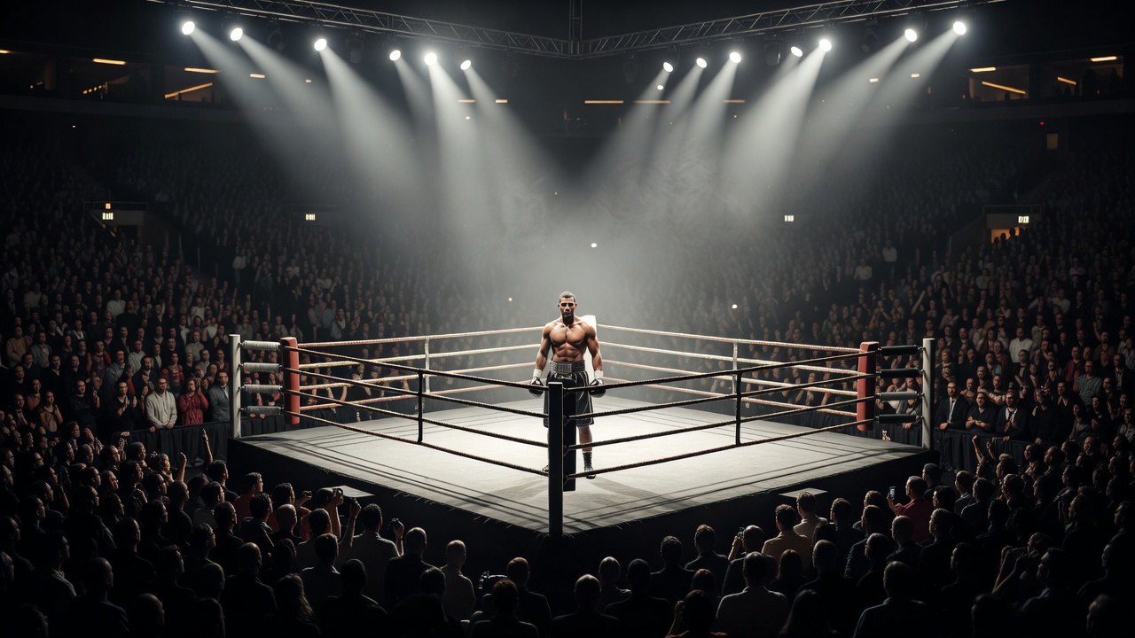 A world championship boxing arena moments before the main event with spotlights illuminating the ring
