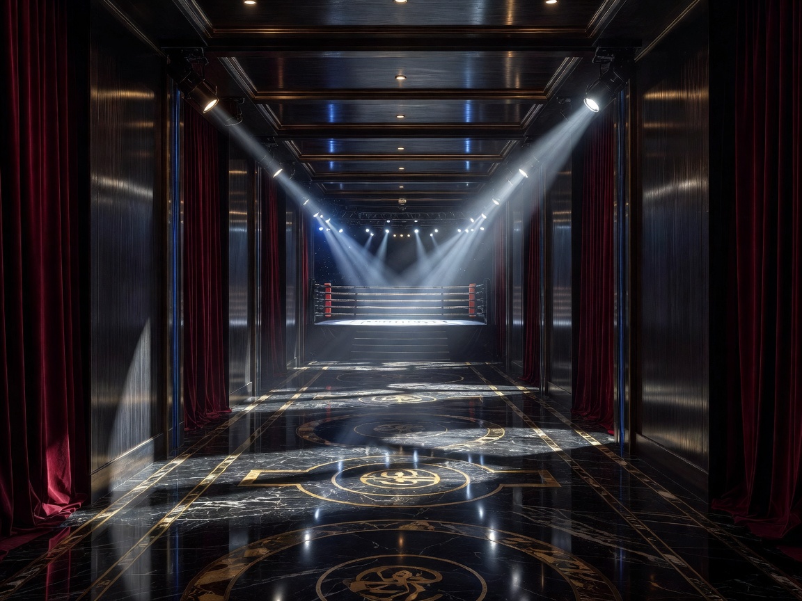 A luxurious fighters walkout tunnel illuminated by dramatic lights leading toward the championship ring