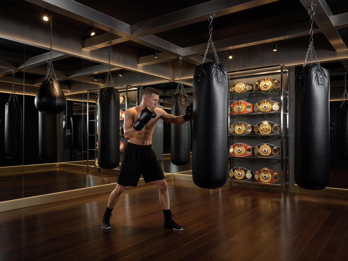Professional boxer training inside a luxury boxing gym with punching bags and championship belts