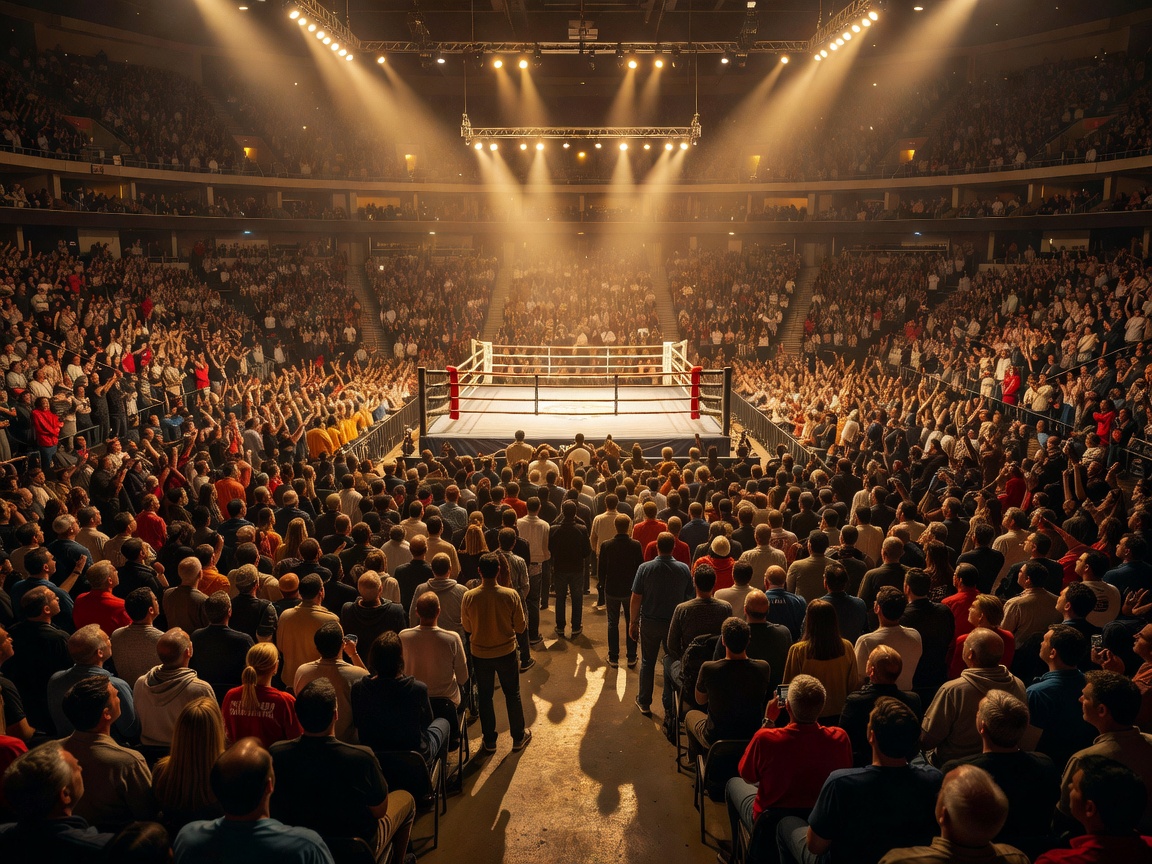 Panoramic view of a sold out championship boxing arena after the final match illuminated beneath golden spotlights