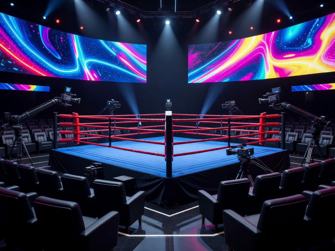 Championship boxing ring surrounded by VIP seating giant LED displays and television cameras